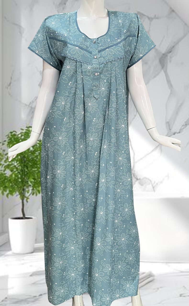 Light Blue Garden Soft Cotton Nighty. Soft Breathable Fabric | Laces and Frills - Laces and Frills
