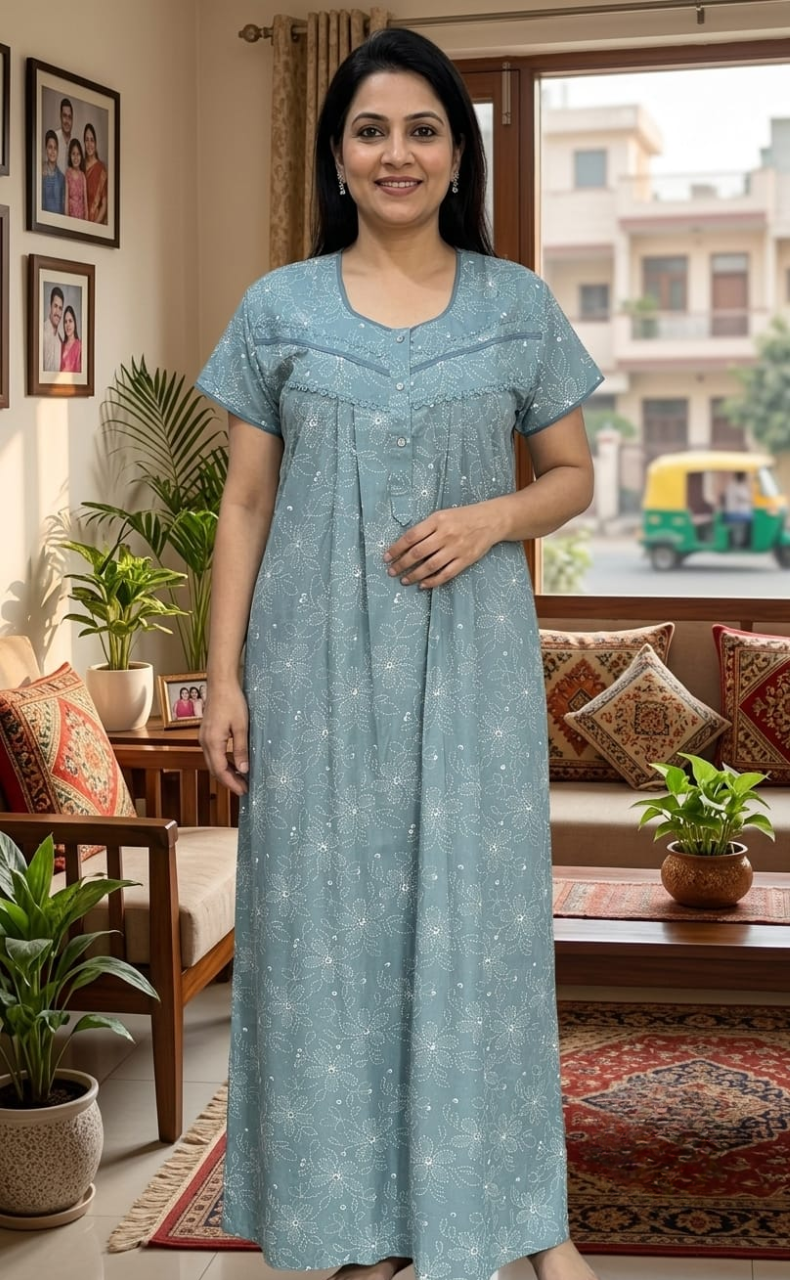 Light Blue Garden Soft Cotton Nighty. Soft Breathable Fabric | Laces and Frills