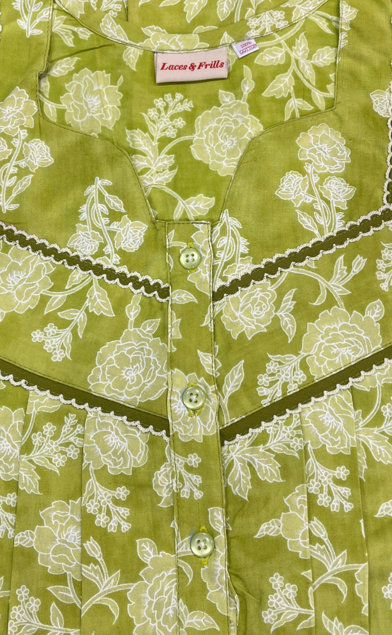 Lime Green Floral Garden Pure Cotton Nighty. Pure Durable Cotton | Laces and Frills - Laces and Frills