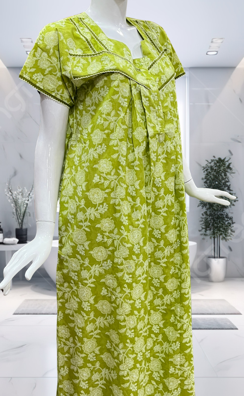 Lime Green Floral Garden Pure Cotton Nighty. Pure Durable Cotton | Laces and Frills - Laces and Frills