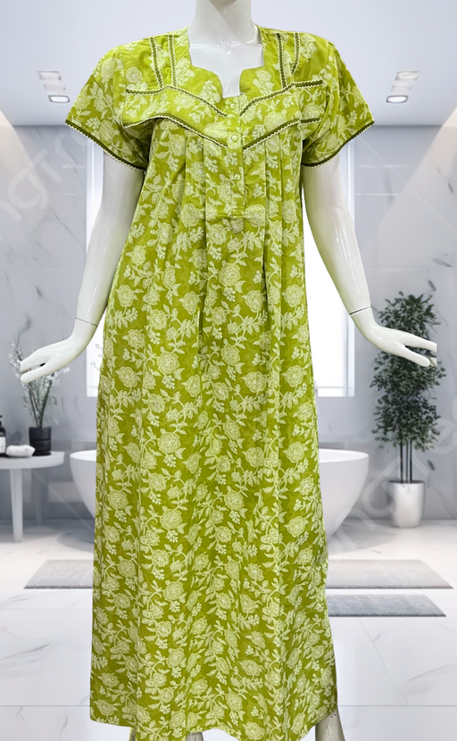 Lime Green Floral Garden Pure Cotton Nighty. Pure Durable Cotton | Laces and Frills - Laces and Frills