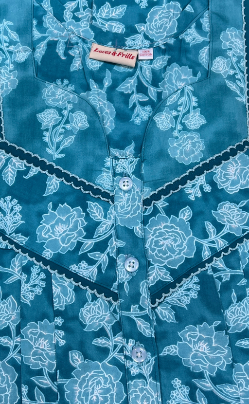Turquoise Green Floral Garden Pure Cotton Nighty. Pure Durable Cotton | Laces and Frills - Laces and Frills
