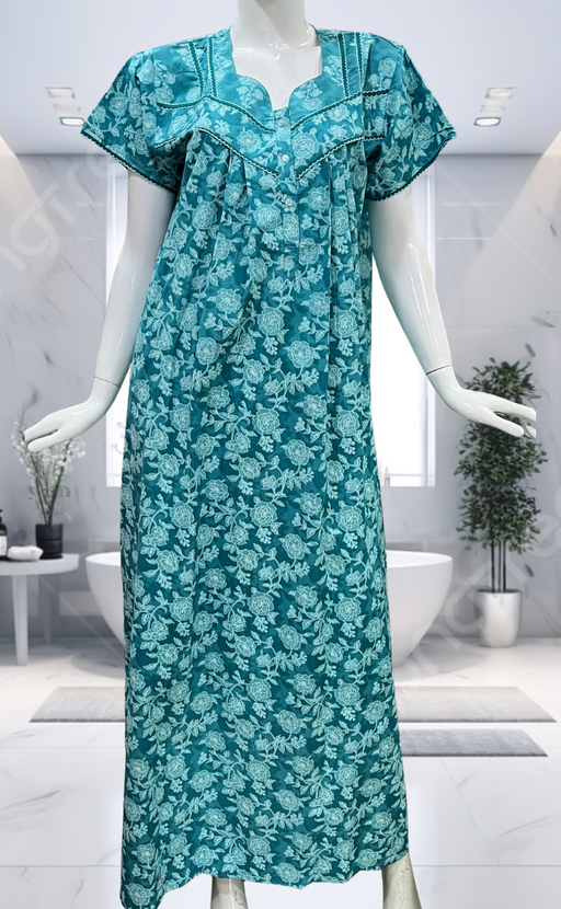 Turquoise Green Floral Garden Pure Cotton Nighty. Pure Durable Cotton | Laces and Frills - Laces and Frills
