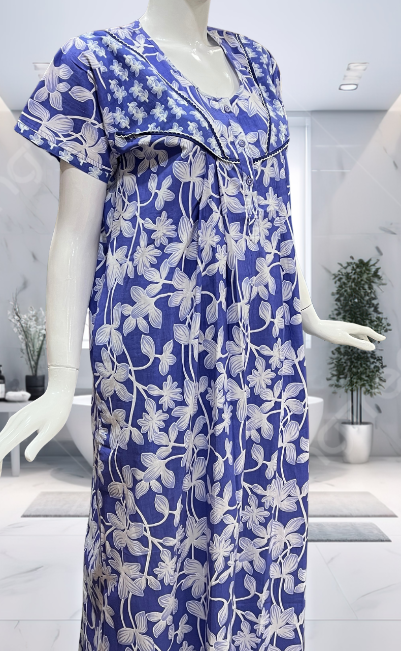 Blue Garden Pure Cotton Nighty. Pure Durable Cotton | Laces and Frills - Laces and Frills