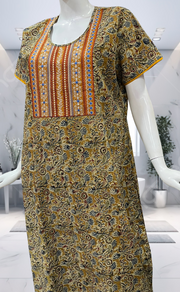 Mustard Kalamkari Pure Cotton Nighty. Pure Durable Cotton | Laces and Frills - Laces and Frills