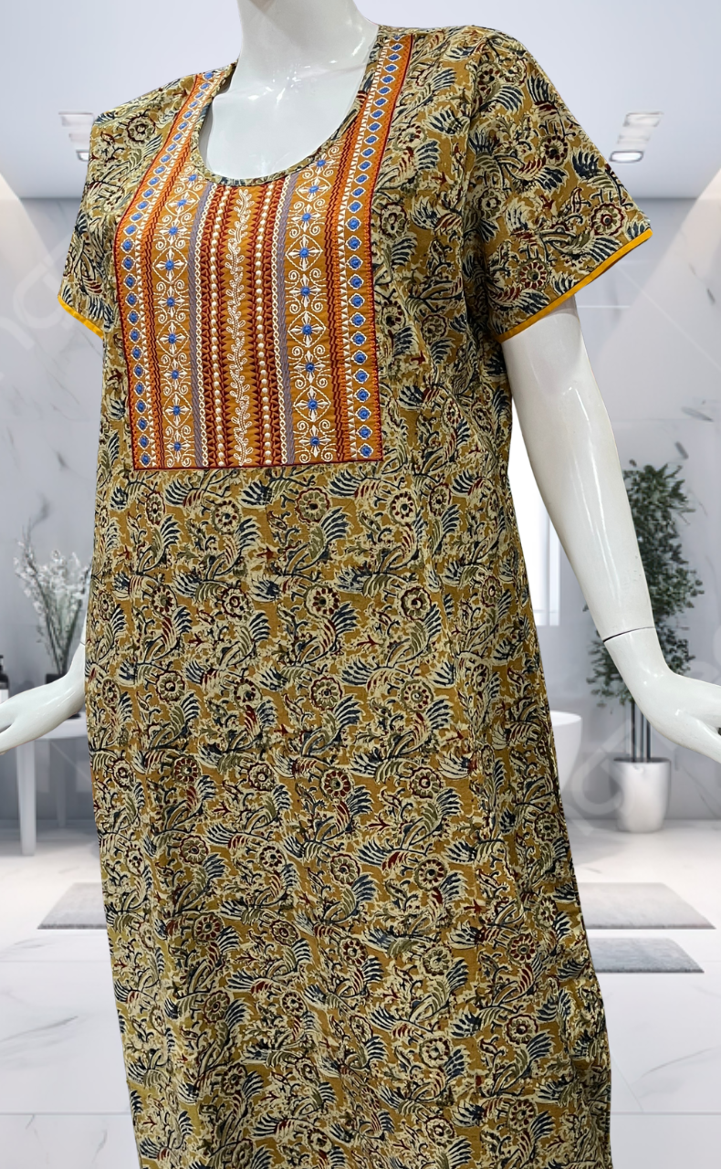 Mustard Kalamkari Pure Cotton Nighty. Pure Durable Cotton | Laces and Frills - Laces and Frills