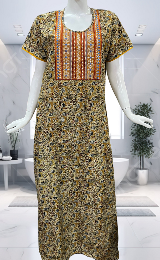 Mustard Kalamkari Pure Cotton Nighty. Pure Durable Cotton | Laces and Frills - Laces and Frills