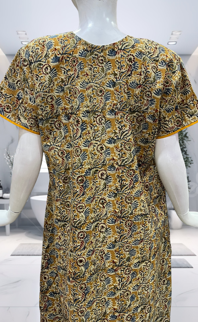 Mustard Kalamkari Pure Cotton Nighty. Pure Durable Cotton | Laces and Frills - Laces and Frills