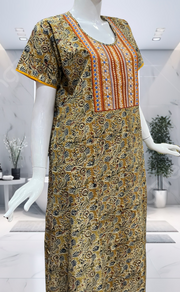 Mustard Kalamkari Pure Cotton Nighty. Pure Durable Cotton | Laces and Frills - Laces and Frills