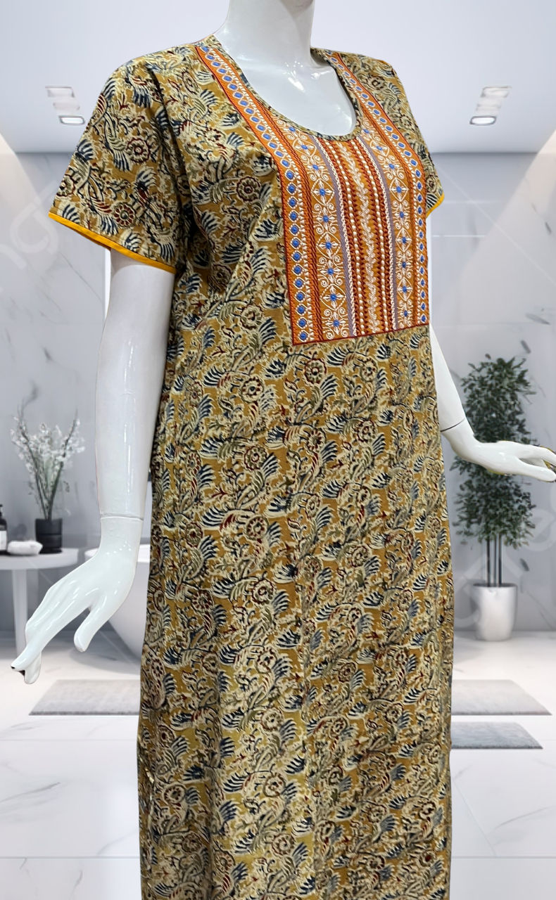 Mustard Kalamkari Pure Cotton Nighty. Pure Durable Cotton | Laces and Frills - Laces and Frills