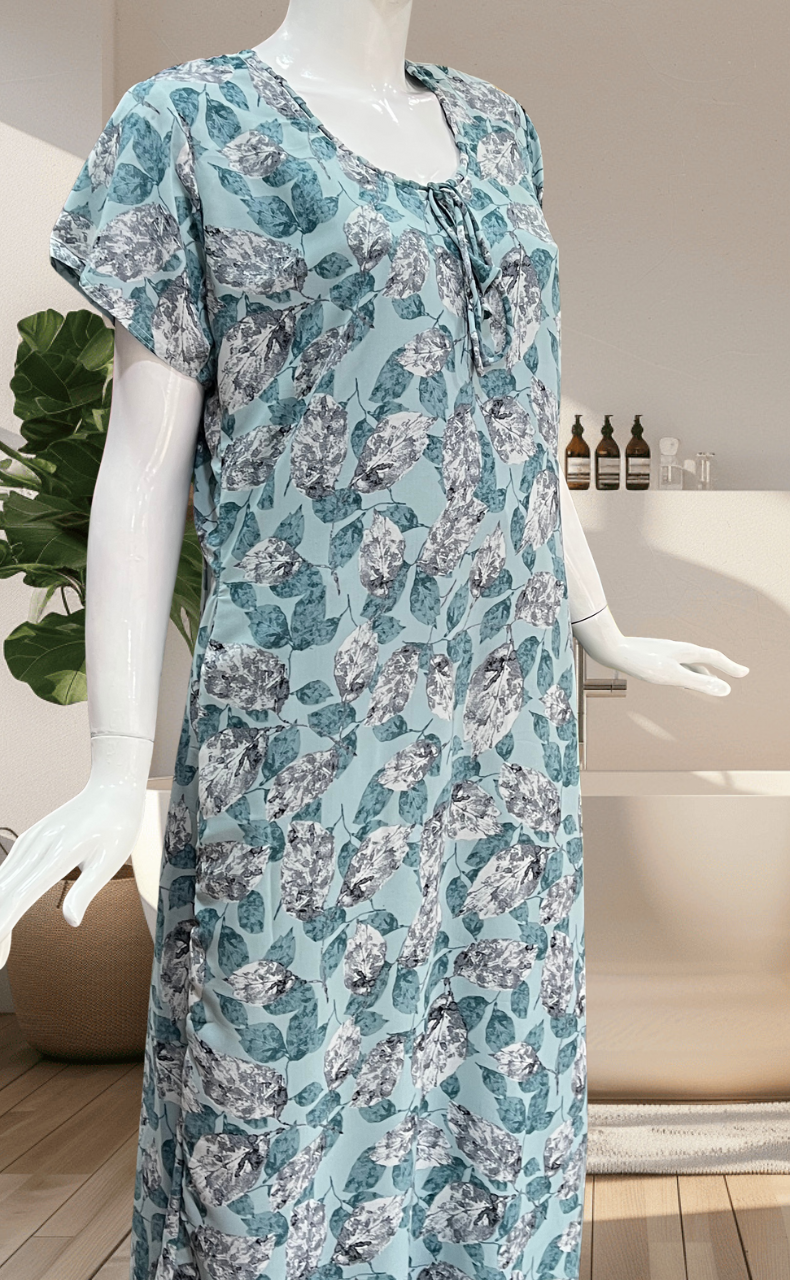 Teal Ocean Leafy Chiffon Nighty. Delicate Chiffon | Laces and Frills - Laces and Frills