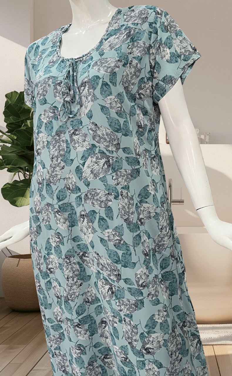 Teal Ocean Leafy Chiffon Nighty. Delicate Chiffon | Laces and Frills - Laces and Frills