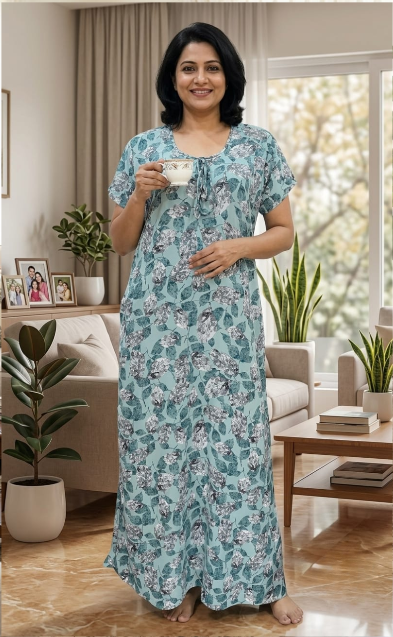 Teal Ocean Leafy Chiffon Nighty. Delicate Chiffon | Laces and Frills