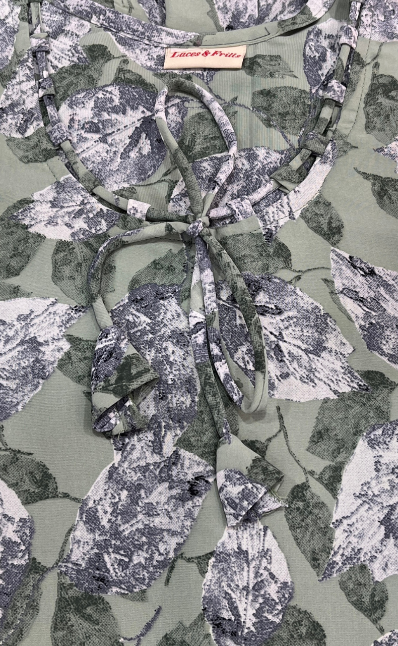 Pea Green Leafy Chiffon Nighty. Delicate Chiffon | Laces and Frills - Laces and Frills