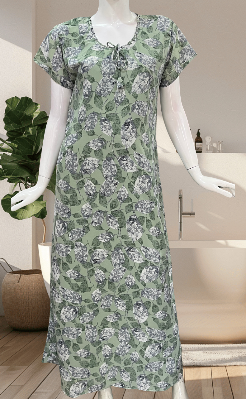 Pea Green Leafy Chiffon Nighty. Delicate Chiffon | Laces and Frills - Laces and Frills
