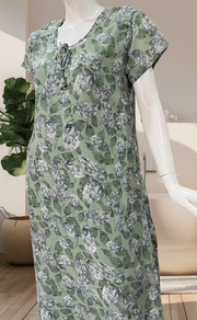 Pea Green Leafy Chiffon Nighty. Delicate Chiffon | Laces and Frills - Laces and Frills