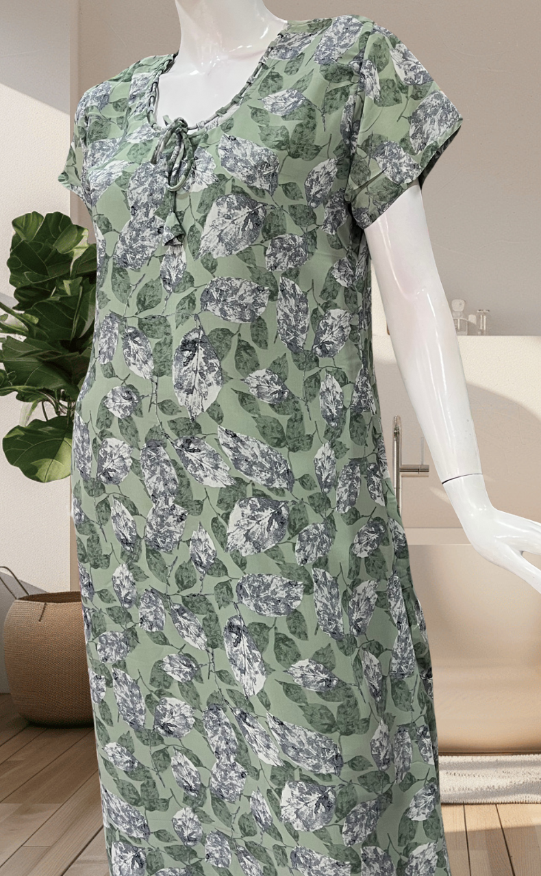 Pea Green Leafy Chiffon Nighty. Delicate Chiffon | Laces and Frills - Laces and Frills