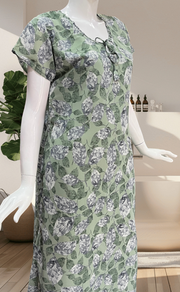 Pea Green Leafy Chiffon Nighty. Delicate Chiffon | Laces and Frills - Laces and Frills