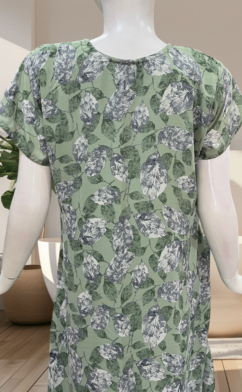 Pea Green Leafy Chiffon Nighty. Delicate Chiffon | Laces and Frills - Laces and Frills