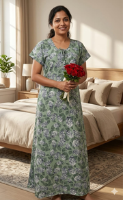 Pea Green Leafy Chiffon Nighty. Delicate Chiffon | Laces and Frills - Laces and Frills