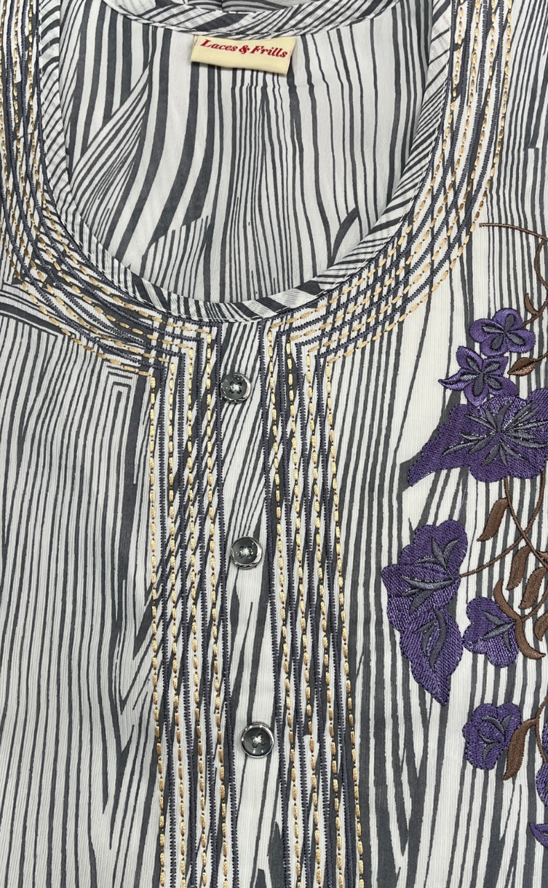 White/Grey Stripes Chiffon Nighty. Delicate Chiffon | Laces and Frills - Laces and Frills