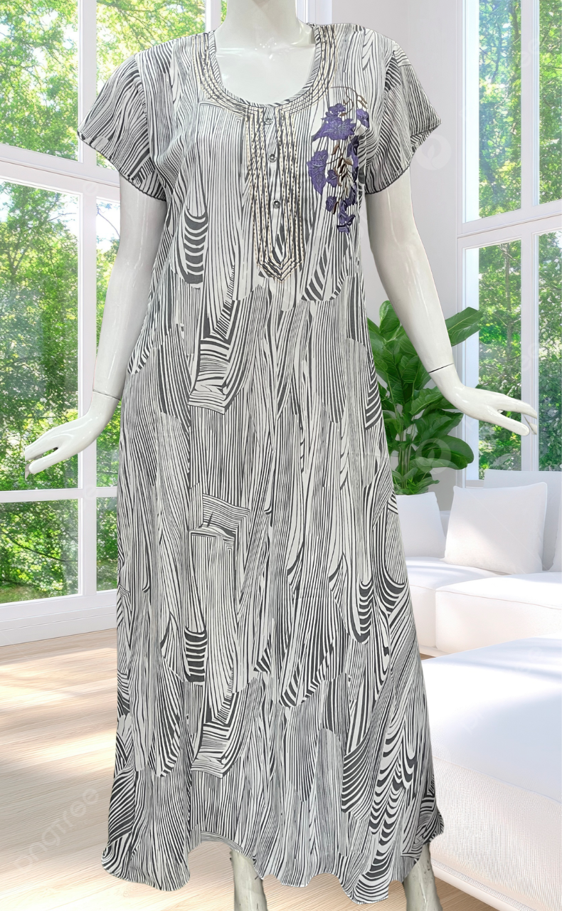 White/Grey Stripes Chiffon Nighty. Delicate Chiffon | Laces and Frills - Laces and Frills