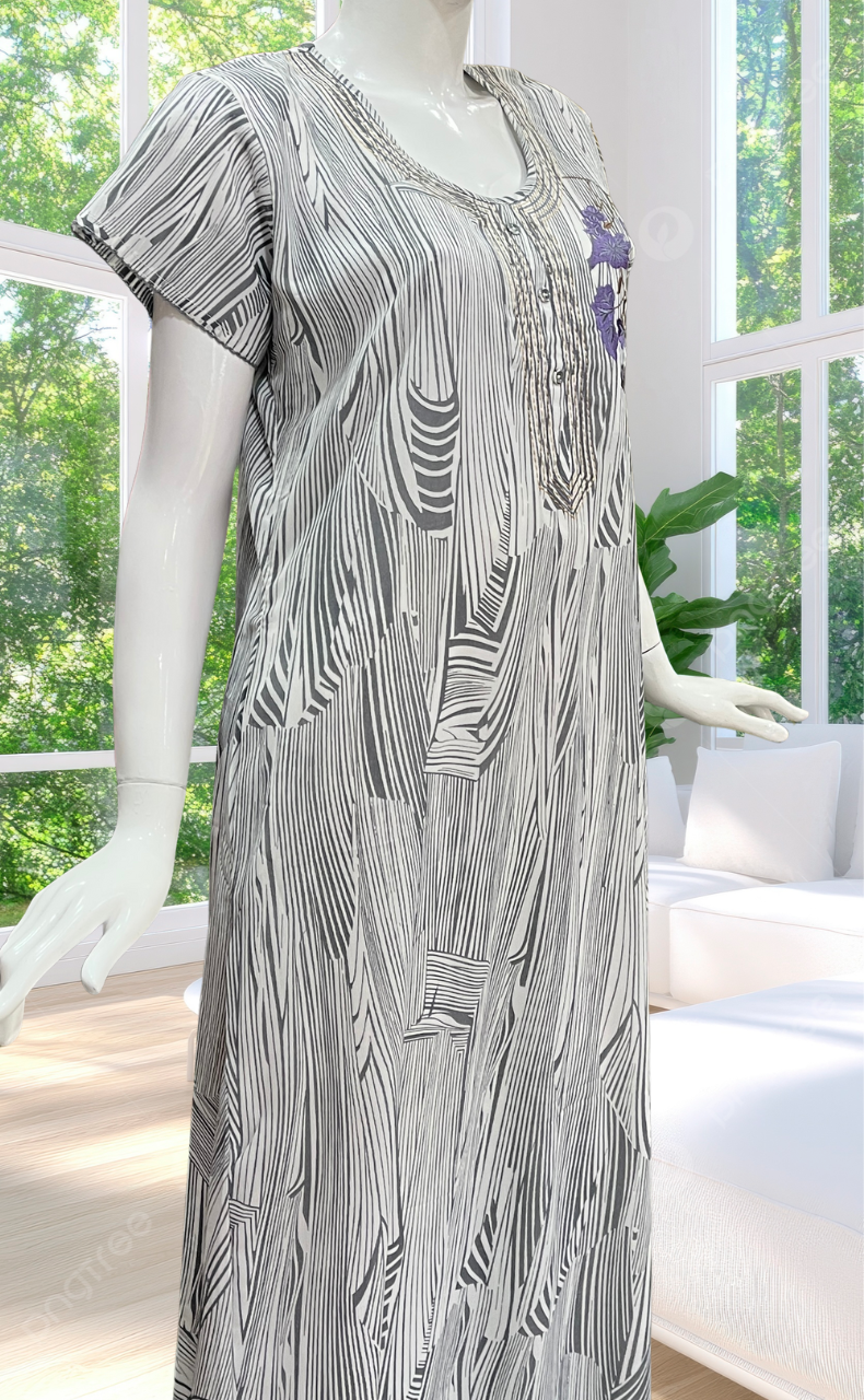 White/Grey Stripes Chiffon Nighty. Delicate Chiffon | Laces and Frills - Laces and Frills
