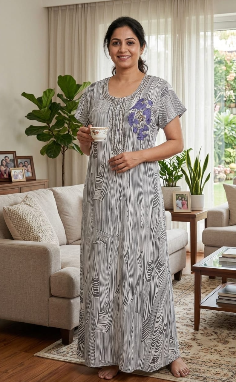 White/Grey Stripes Chiffon Nighty. Delicate Chiffon | Laces and Frills