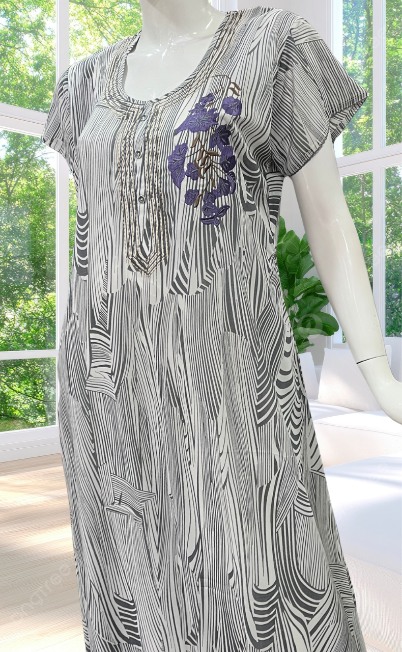 White/Grey Stripes Chiffon Nighty. Delicate Chiffon | Laces and Frills - Laces and Frills