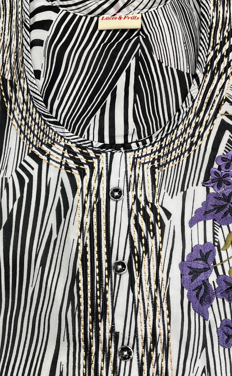 White/Black Stripes Chiffon Nighty. Delicate Chiffon | Laces and Frills - Laces and Frills