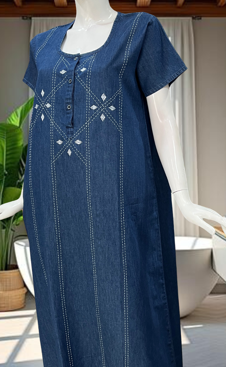 Blue Floral Denim Nighty. Denim Cotton | Laces and Frills - Laces and Frills