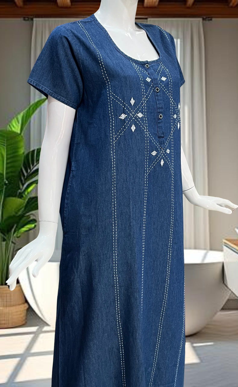 Blue Floral Denim Nighty. Denim Cotton | Laces and Frills - Laces and Frills