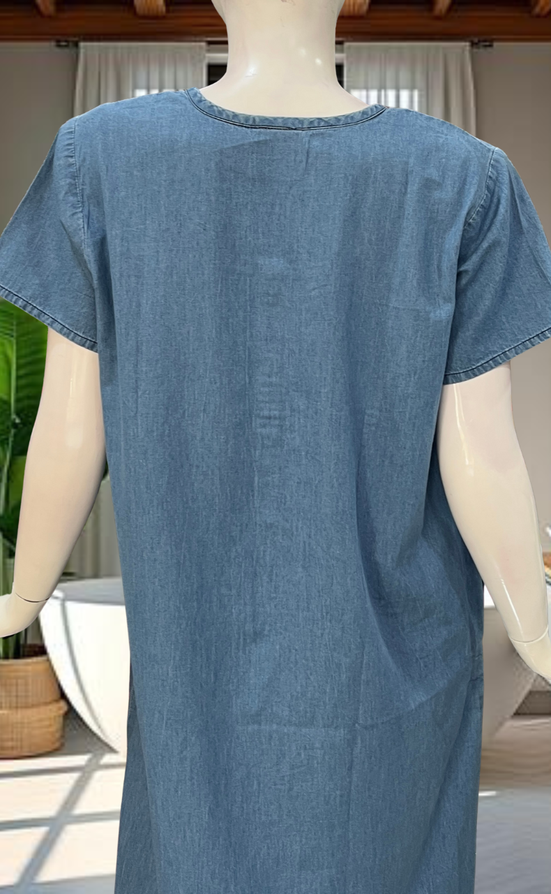 Light Blue Floral Denim Nighty. Denim Cotton | Laces and Frills - Laces and Frills