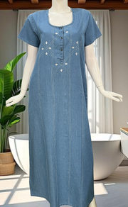 Light Blue Floral Denim Nighty. Denim Cotton | Laces and Frills - Laces and Frills