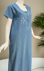 Light Blue Floral Denim Nighty. Denim Cotton | Laces and Frills - Laces and Frills