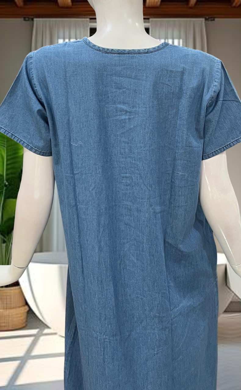 Light Blue Floral Denim Nighty. Denim Cotton | Laces and Frills - Laces and Frills