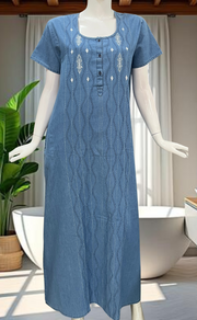 Light Blue Floral Denim Nighty. Denim Cotton | Laces and Frills - Laces and Frills