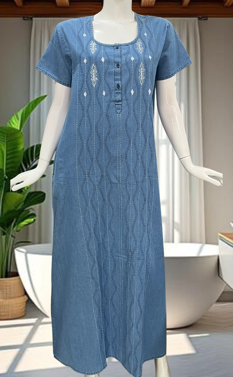 Light Blue Floral Denim Nighty. Denim Cotton | Laces and Frills - Laces and Frills