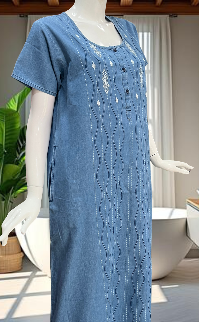 Light Blue Floral Denim Nighty. Denim Cotton | Laces and Frills - Laces and Frills
