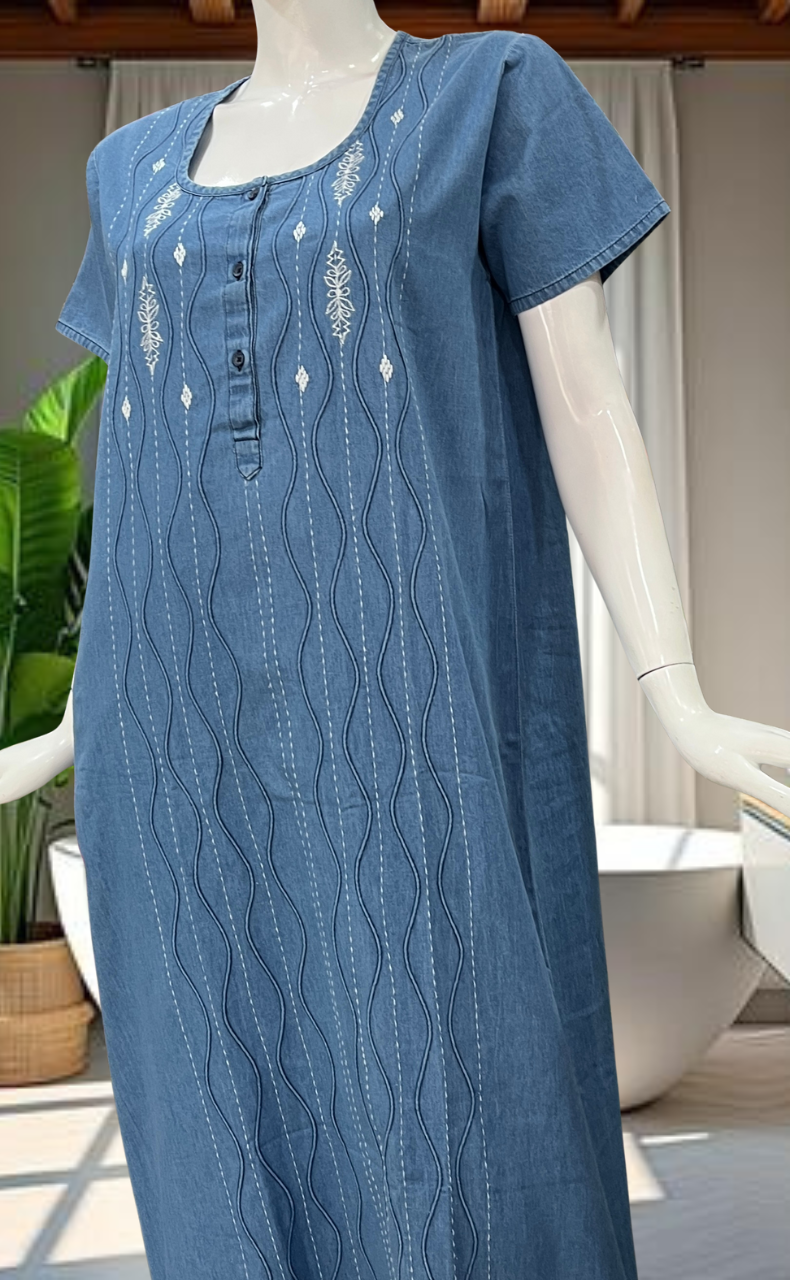 Light Blue Floral Denim Nighty. Denim Cotton | Laces and Frills - Laces and Frills