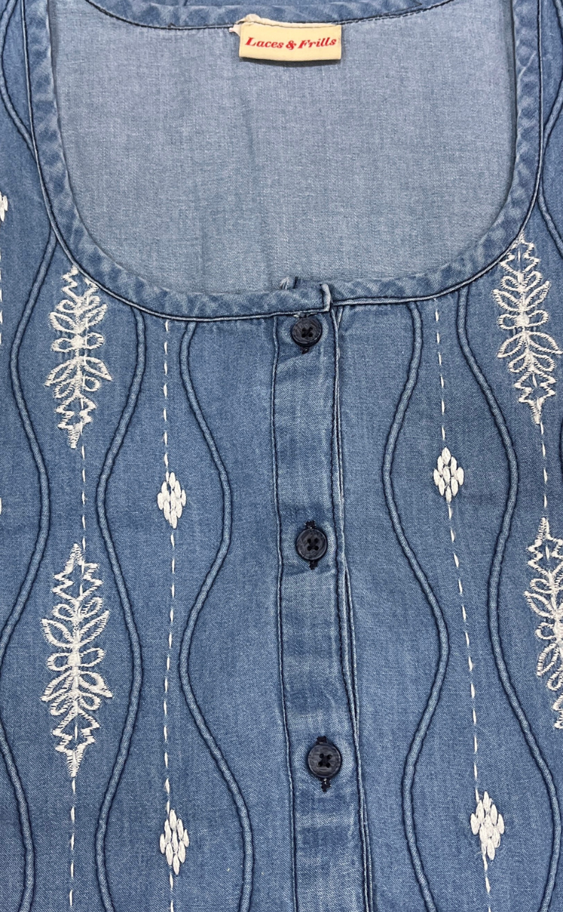 Light Blue Floral Denim Nighty. Denim Cotton | Laces and Frills - Laces and Frills