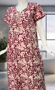 Maroon Batik Pure Cotton Nighty. Pure Durable Cotton | Laces and Frills - Laces and Frills