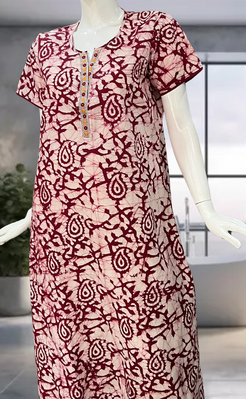 Maroon Batik Pure Cotton Nighty. Pure Durable Cotton | Laces and Frills - Laces and Frills