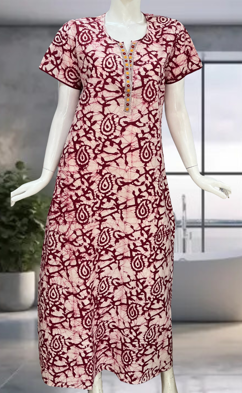 Maroon Batik Pure Cotton Nighty. Pure Durable Cotton | Laces and Frills - Laces and Frills