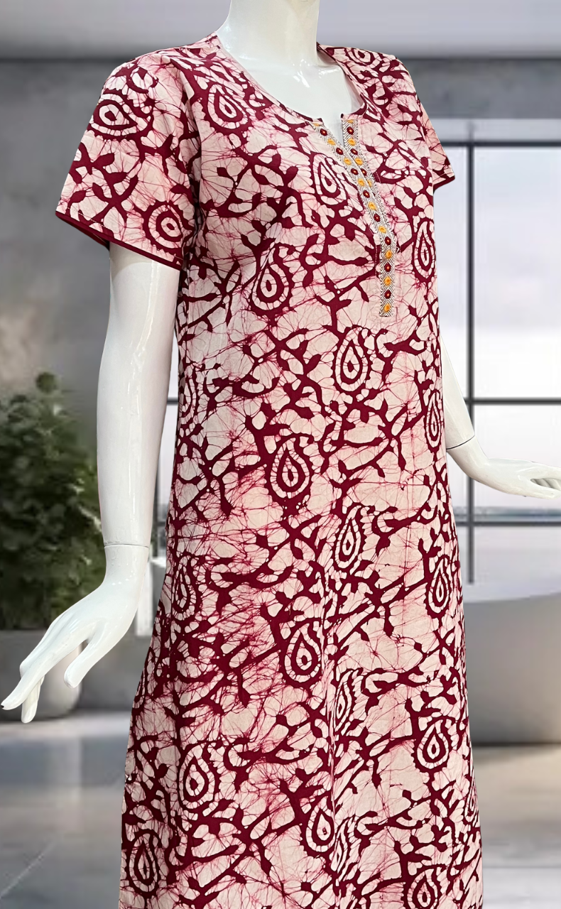 Maroon Batik Pure Cotton Nighty. Pure Durable Cotton | Laces and Frills - Laces and Frills