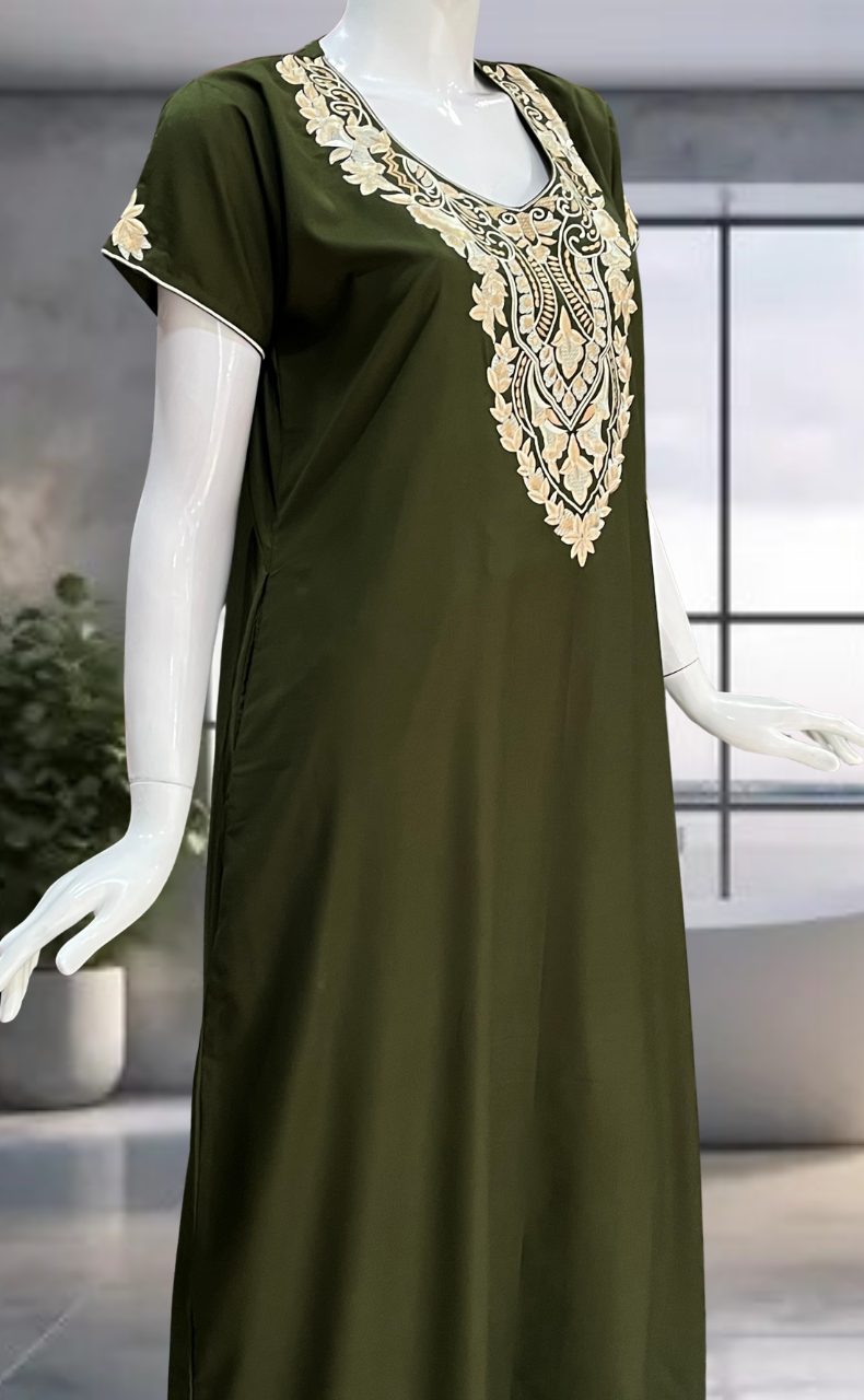 Dark Green Embroidery Soft Cotton Nighty. Soft Breathable Fabric | Laces and Frills - Laces and Frills