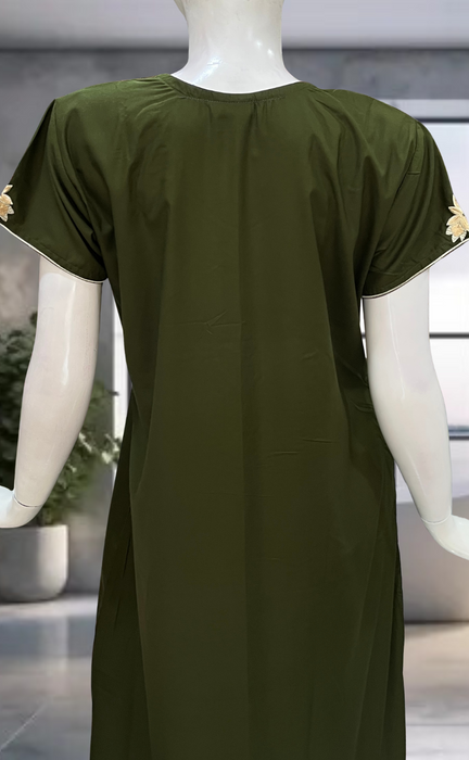 Dark Green Embroidery Soft Cotton Nighty. Soft Breathable Fabric | Laces and Frills