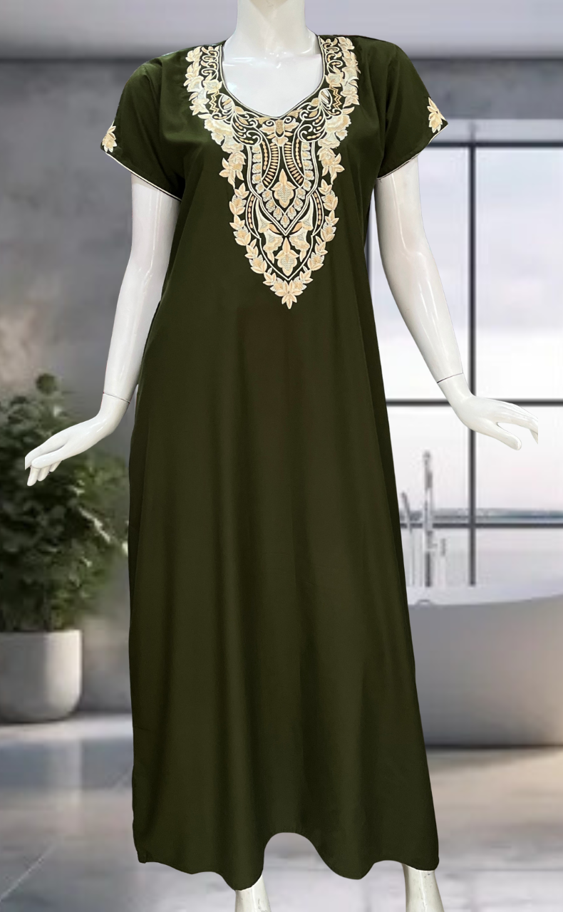 Dark Green Embroidery Soft Cotton Nighty. Soft Breathable Fabric | Laces and Frills - Laces and Frills
