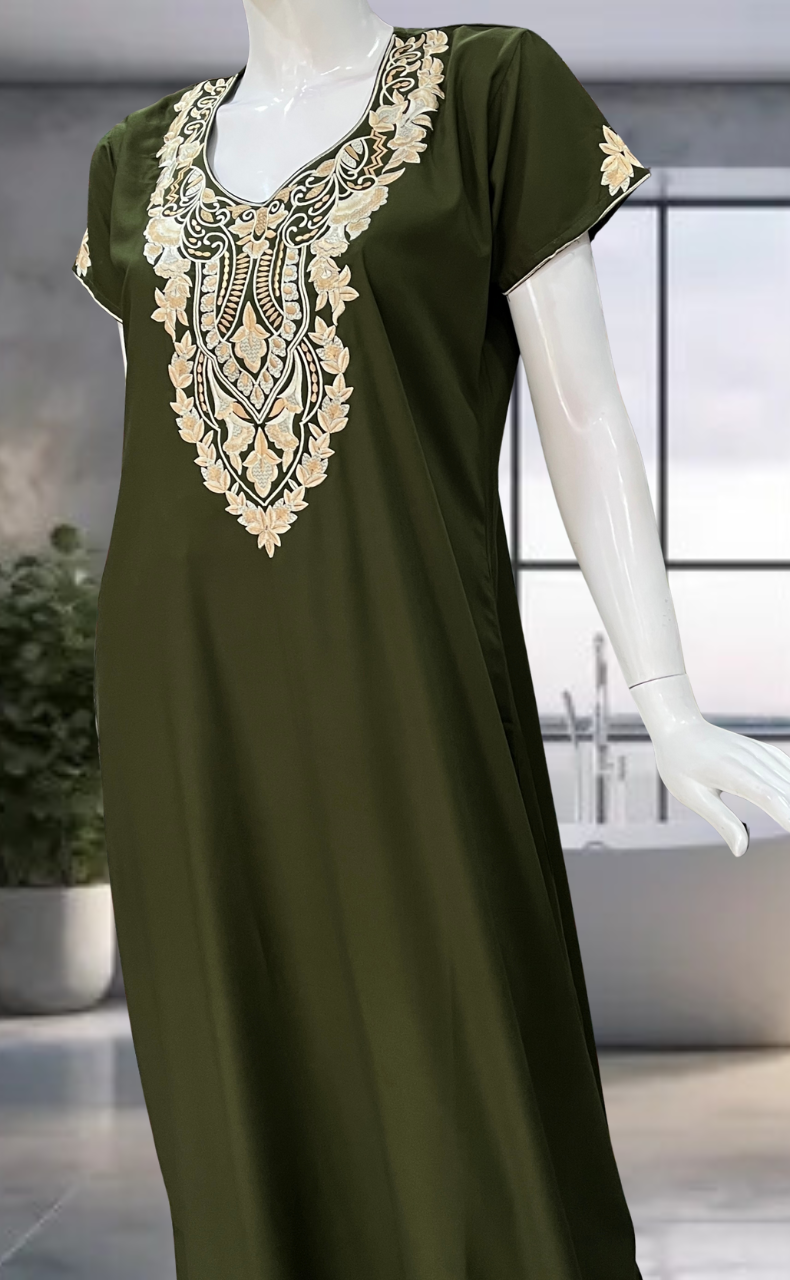 Dark Green Embroidery Soft Cotton Nighty. Soft Breathable Fabric | Laces and Frills - Laces and Frills