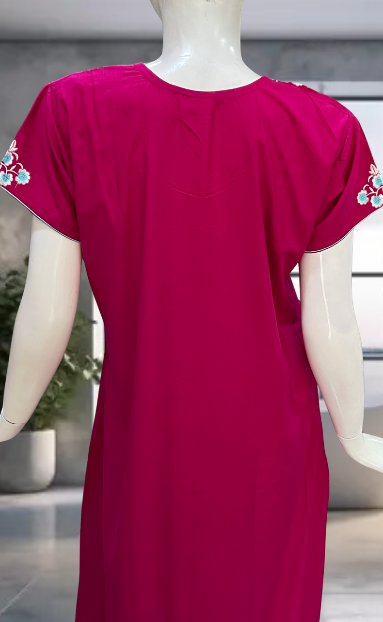Pink Embroidery Soft Cotton Nighty. Soft Breathable Fabric | Laces and Frills - Laces and Frills